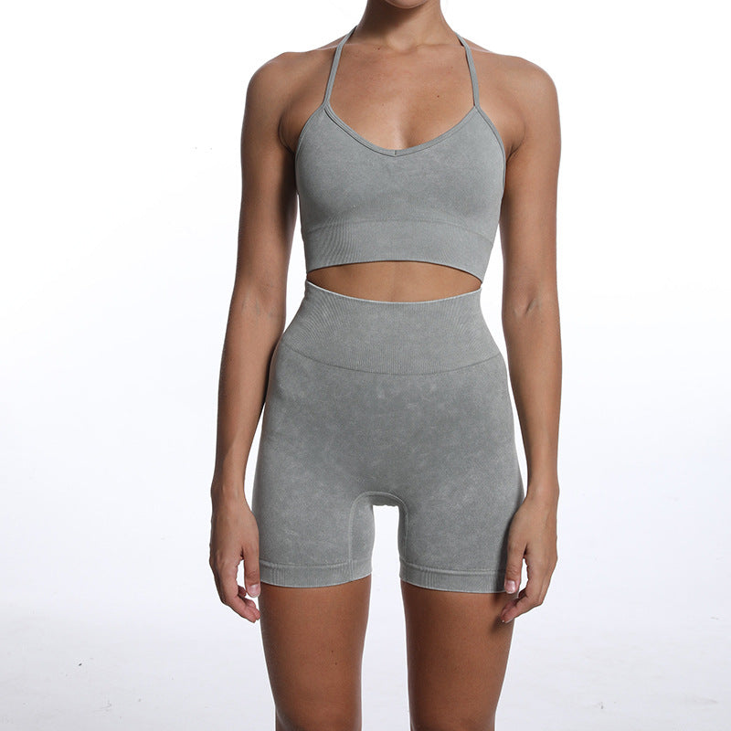 Women's Workout Outfits Yoga Set 2 Piece Seamless Ribbed Sports Bra Tight Shorts Gym Suit