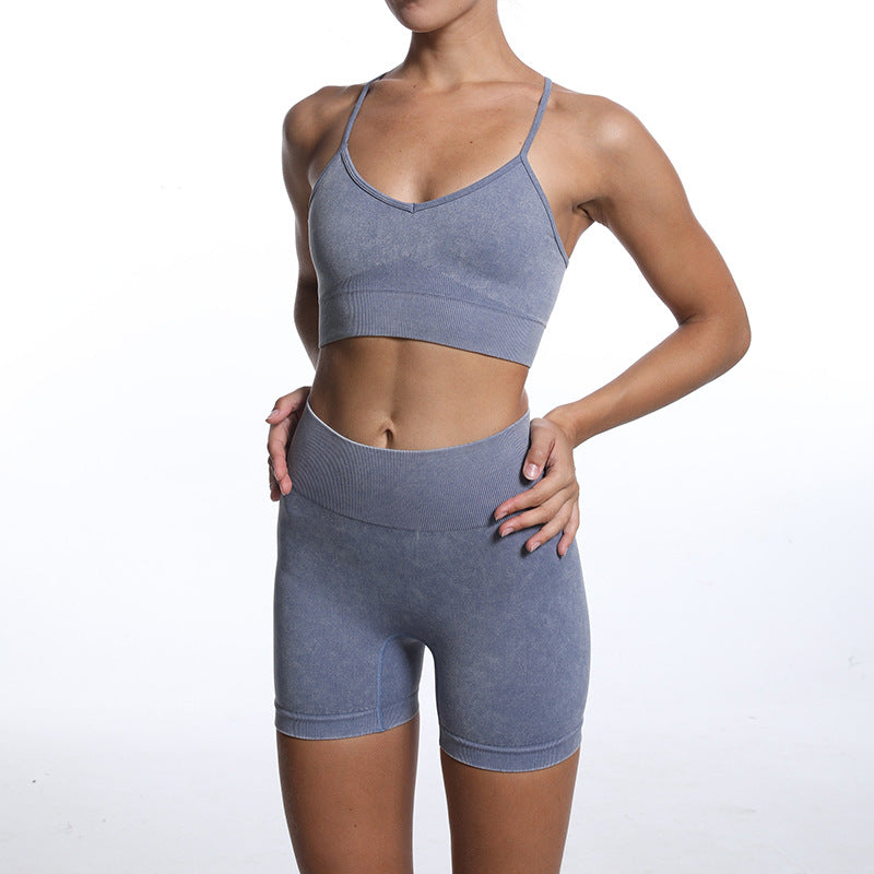 Women's Workout Outfits Yoga Set 2 Piece Seamless Ribbed Sports Bra Tight Shorts Gym Suit