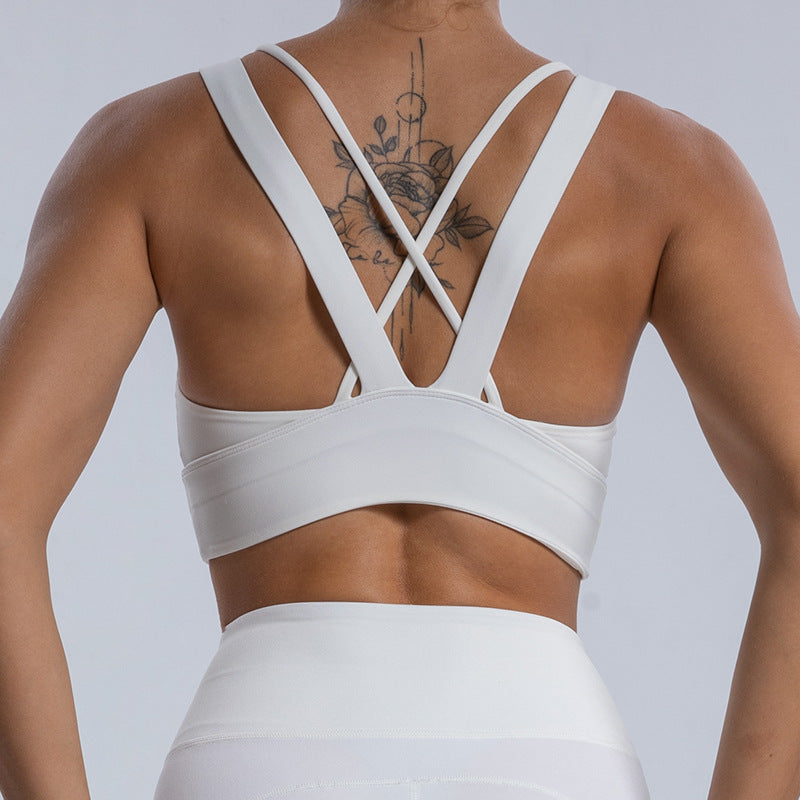Strappy Yoga Workout Sports Bras for Women Criss Cross Back Medium Support Running Bra with Removable Cups